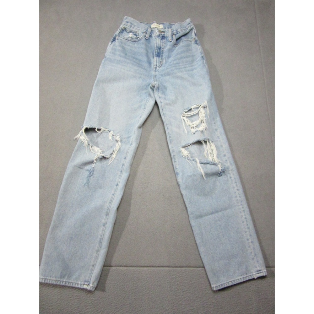 Madewell Jeans Womens 25 Blue Baggy Straight Thrashed Distressed Rip High Rise